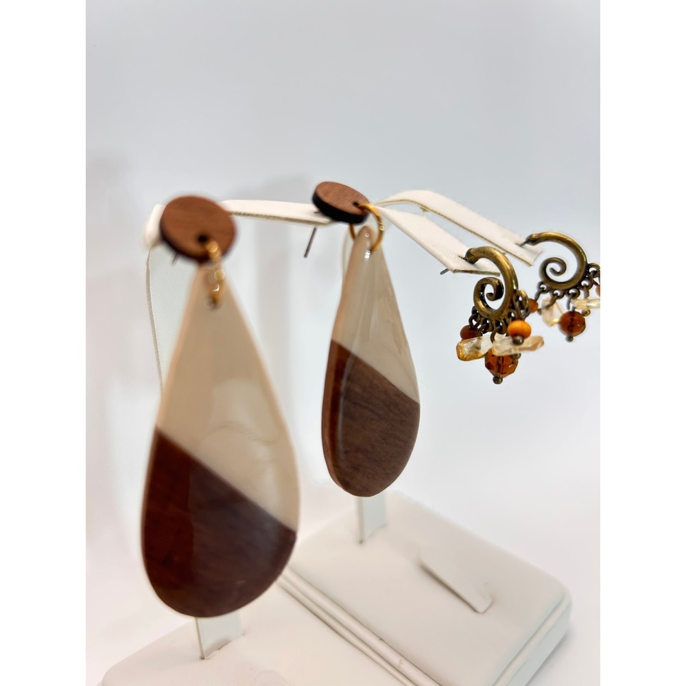 Unbranded Earrings Set Women OS Brown Good Boho Wood Resin Teardrop Spiral Bead